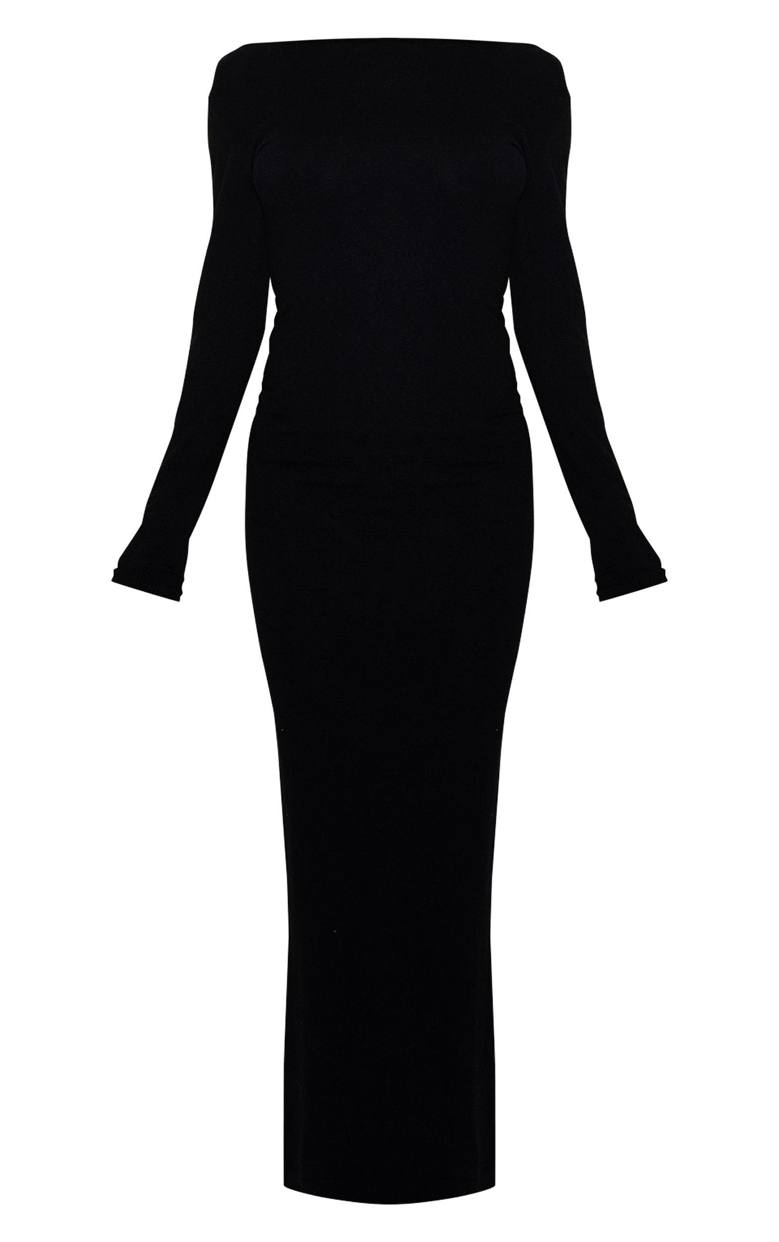 Black Basic Knit Asymmetric Neckline Long Sleeve Maxi Dress Product Image