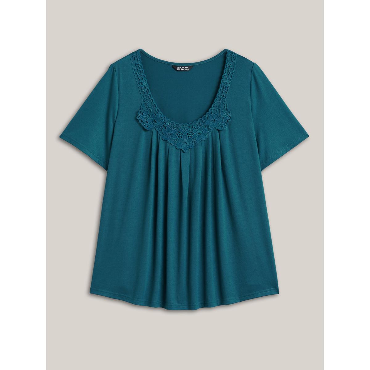 Plus Size Lace Trim Pleated Round Neck T-Shirt Cyan Women Casual Woven ribbon&lace trim Lace collar Everyday T-shirts BloomChic 26/4X Product Image