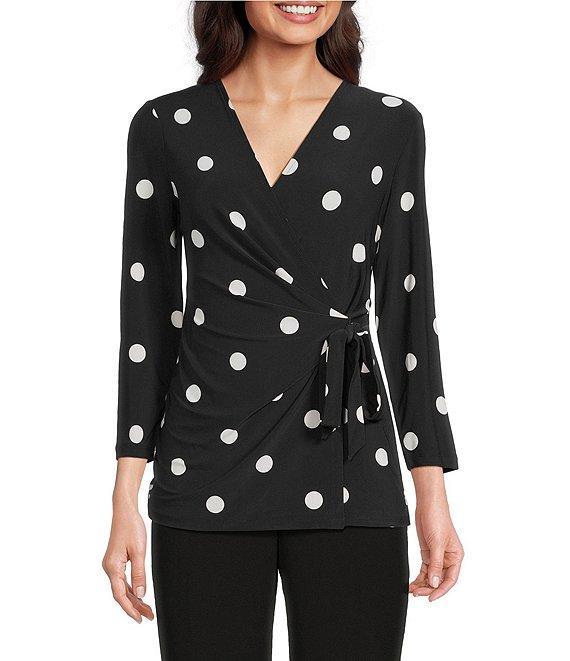 Anne Klein Knit Jersey Polka Dot Print V-Neck 3/4 Sleeve Faux-Wrap Top Product Image