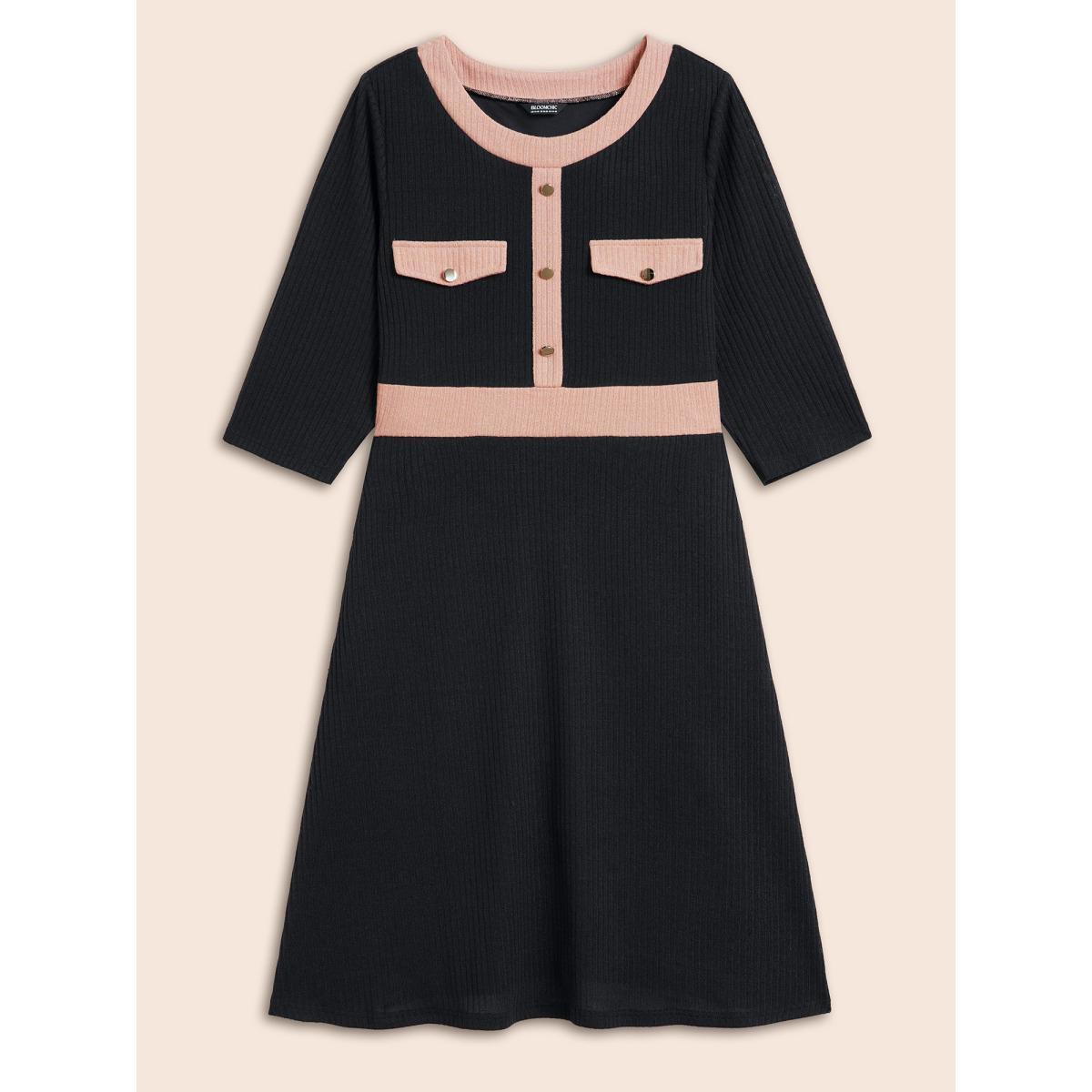 Plus Size Contrast Texture Metal Detail Midi Dress Black Women Elegant Texture Round Neck Elbow-length sleeve Curvy BloomChic 30/6X Product Image