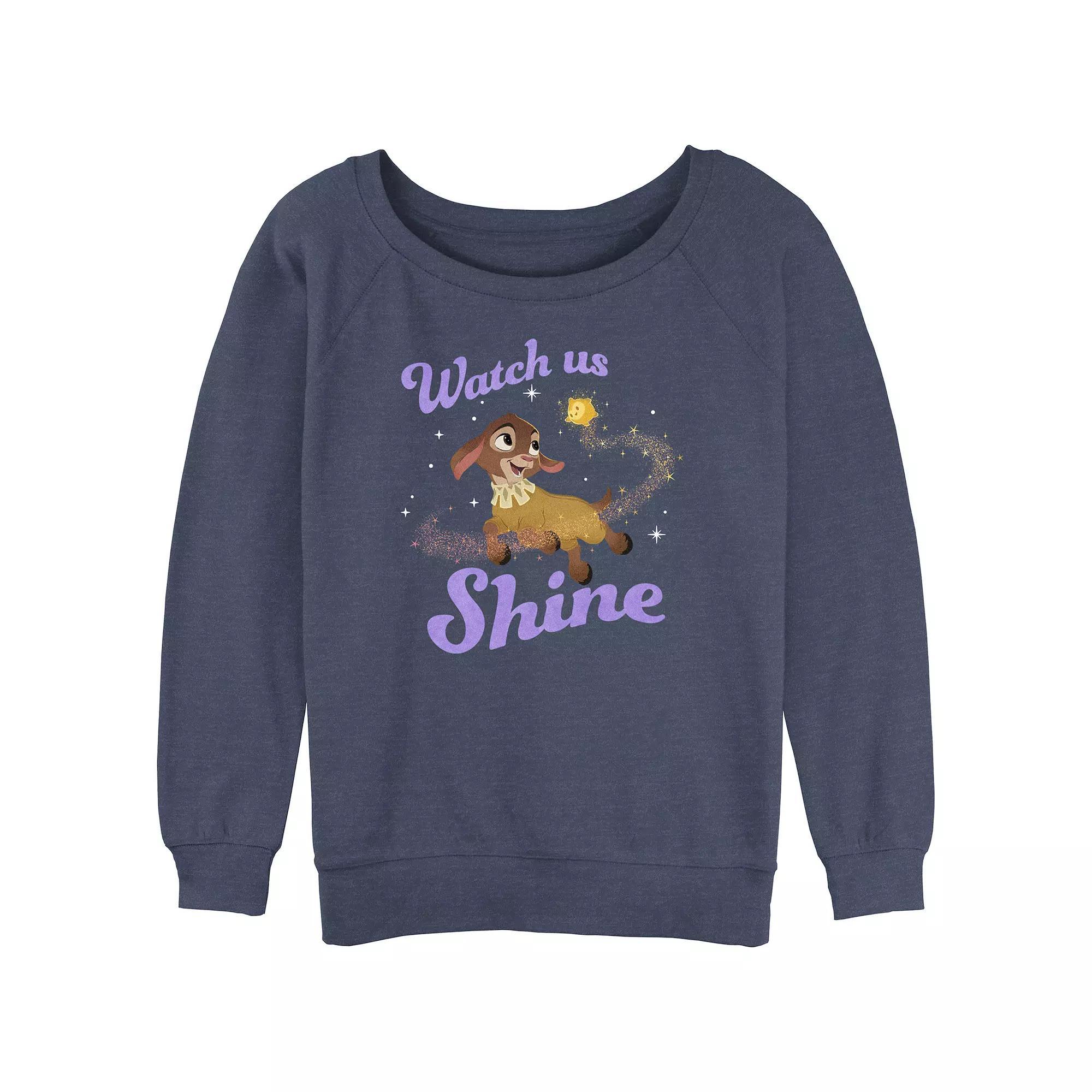 Disneys Wish Juniors Valentino And Star Watch Us Shine Slouchy Terry Graphic Pullover, Womens Blue Grey Product Image