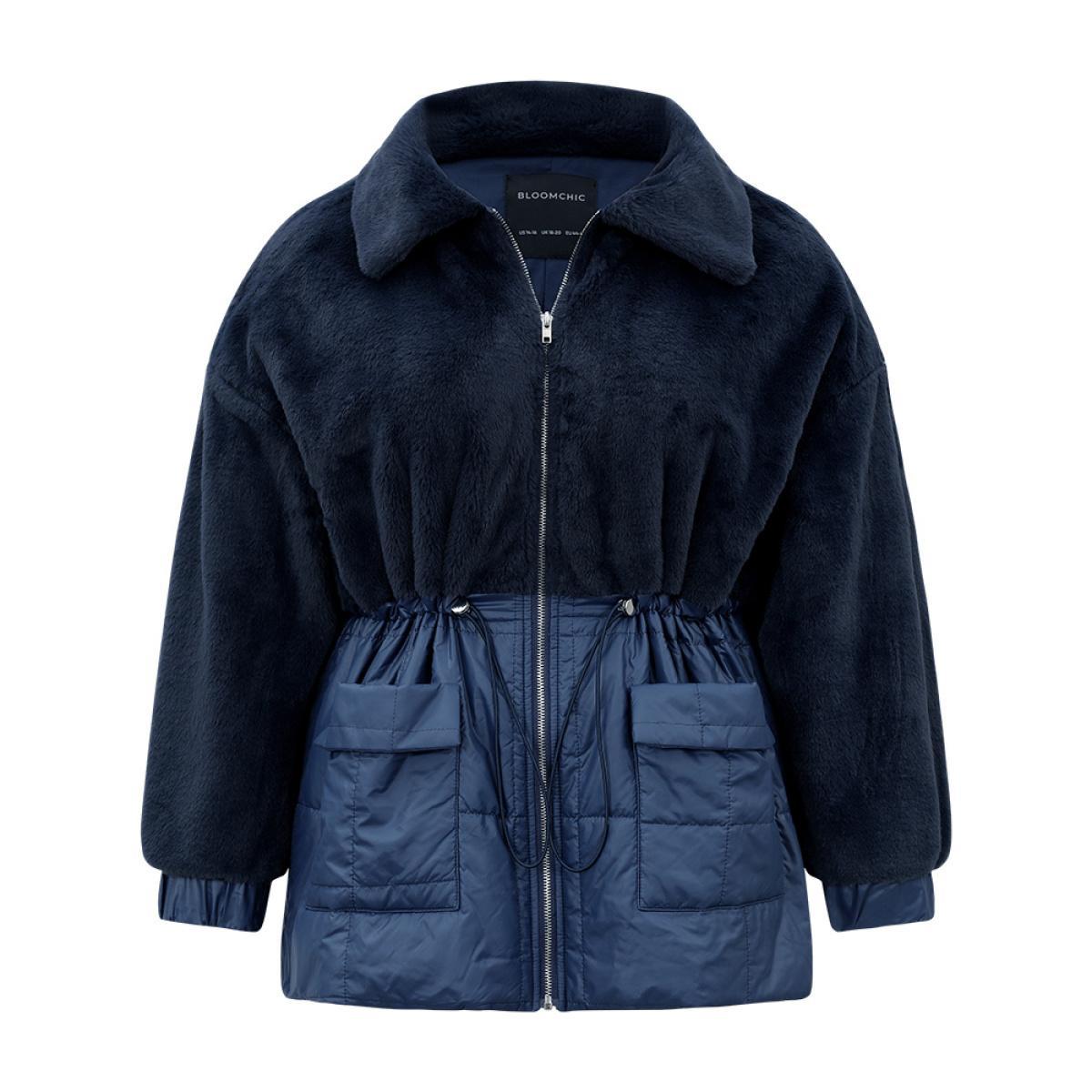 Plus Size Fuzzy Patchwork Zipper Drawstring Coat Women Indigo Casual Plain Ladies Dailywear Winter Coats BloomChic 22-24/3X Product Image