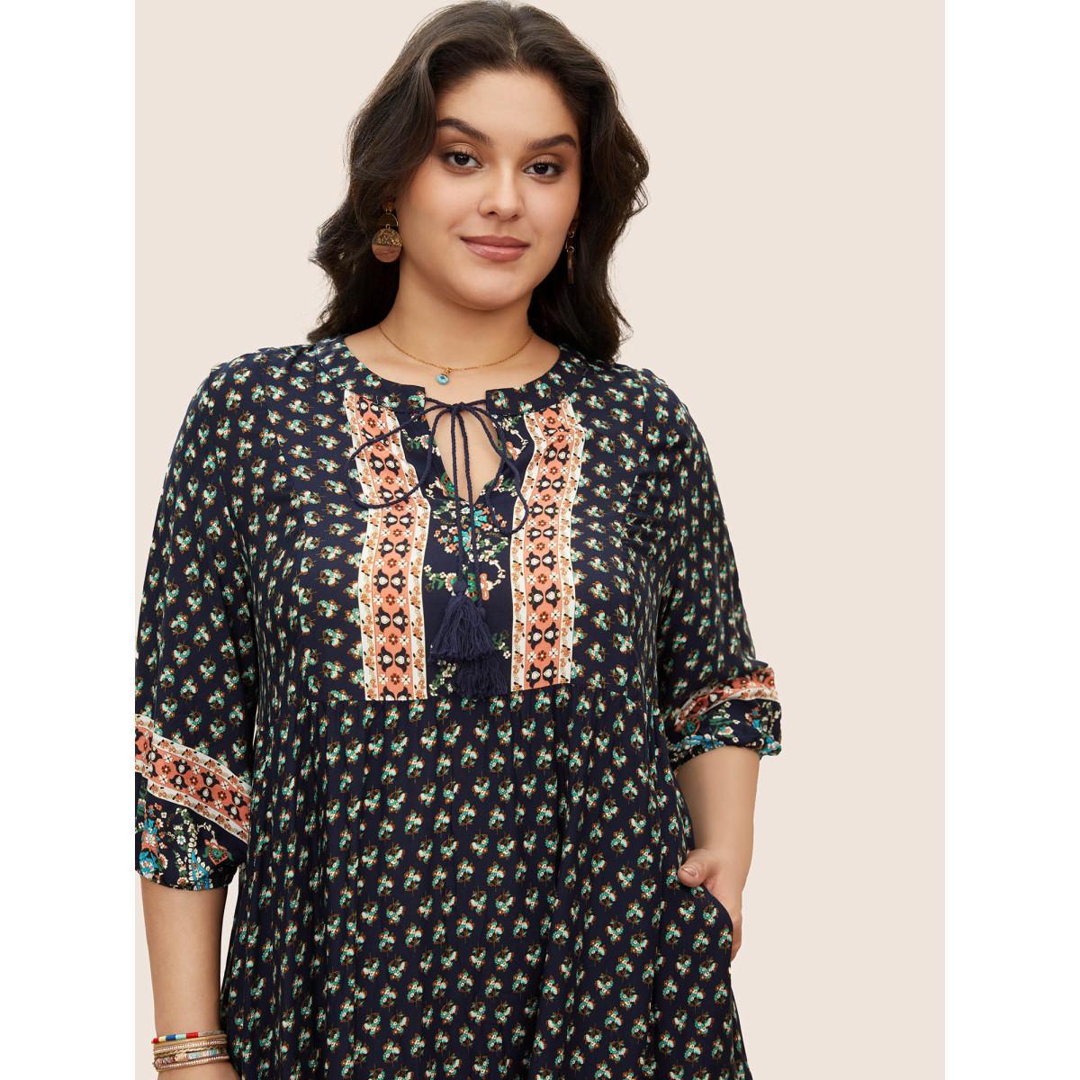 Plus Size Bandana Tassels Lantern Sleeve Ruffle Pocket Keyhole Neck Dress Indigo Women Resort V-neck Elbow-length sleeve Curvy Midi Dress BloomChic 30/6X Product Image