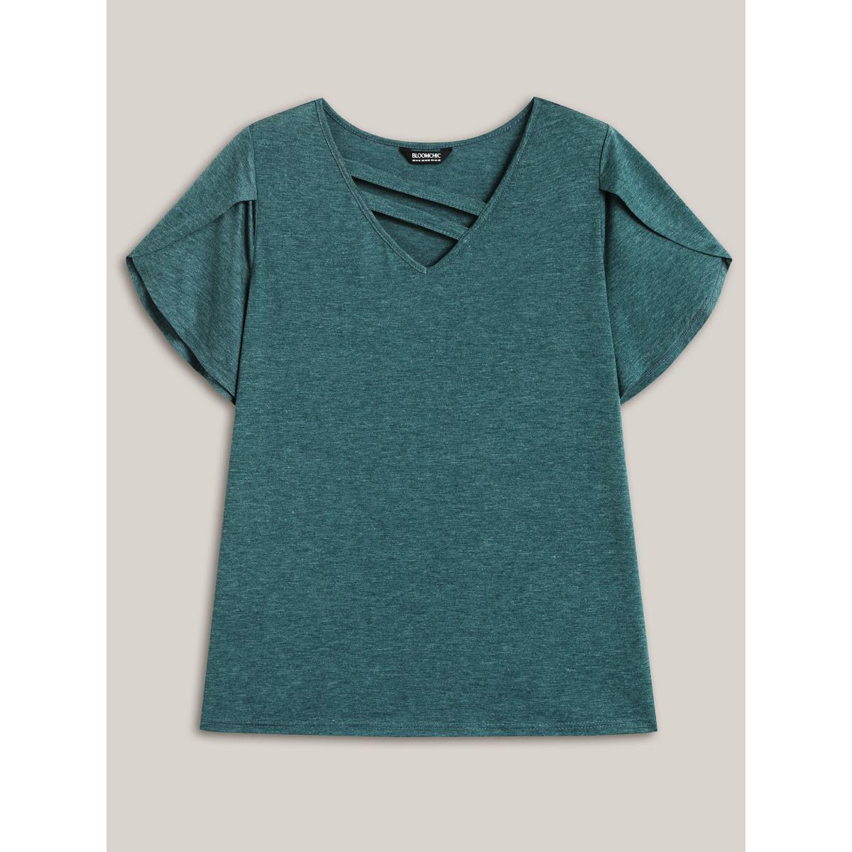 Plus Size Heather Stretchy Neck Cut-Out T-Shirt DarkGreen Women Casual Petal edge V-neck Everyday T-shirts BloomChic 30/6X Product Image