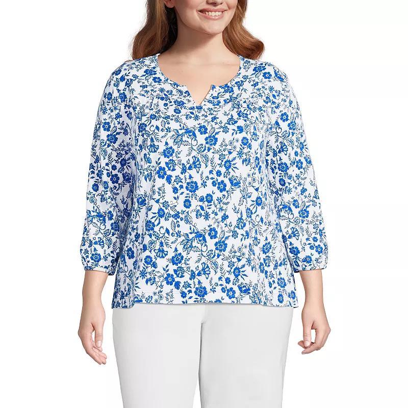 Women's Lands' End Three-Quarter Sleeve Splitneck Slub Top, Size: 1XL, Pink White Stripe Product Image