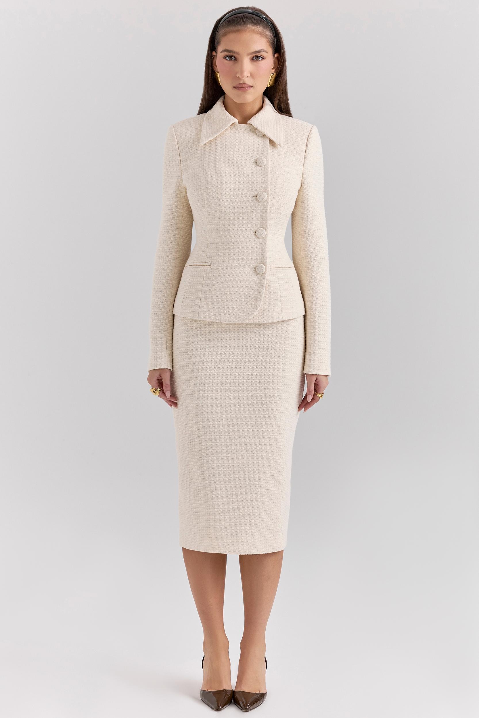 Lena  cream boucle pencil midi skirt Product Image