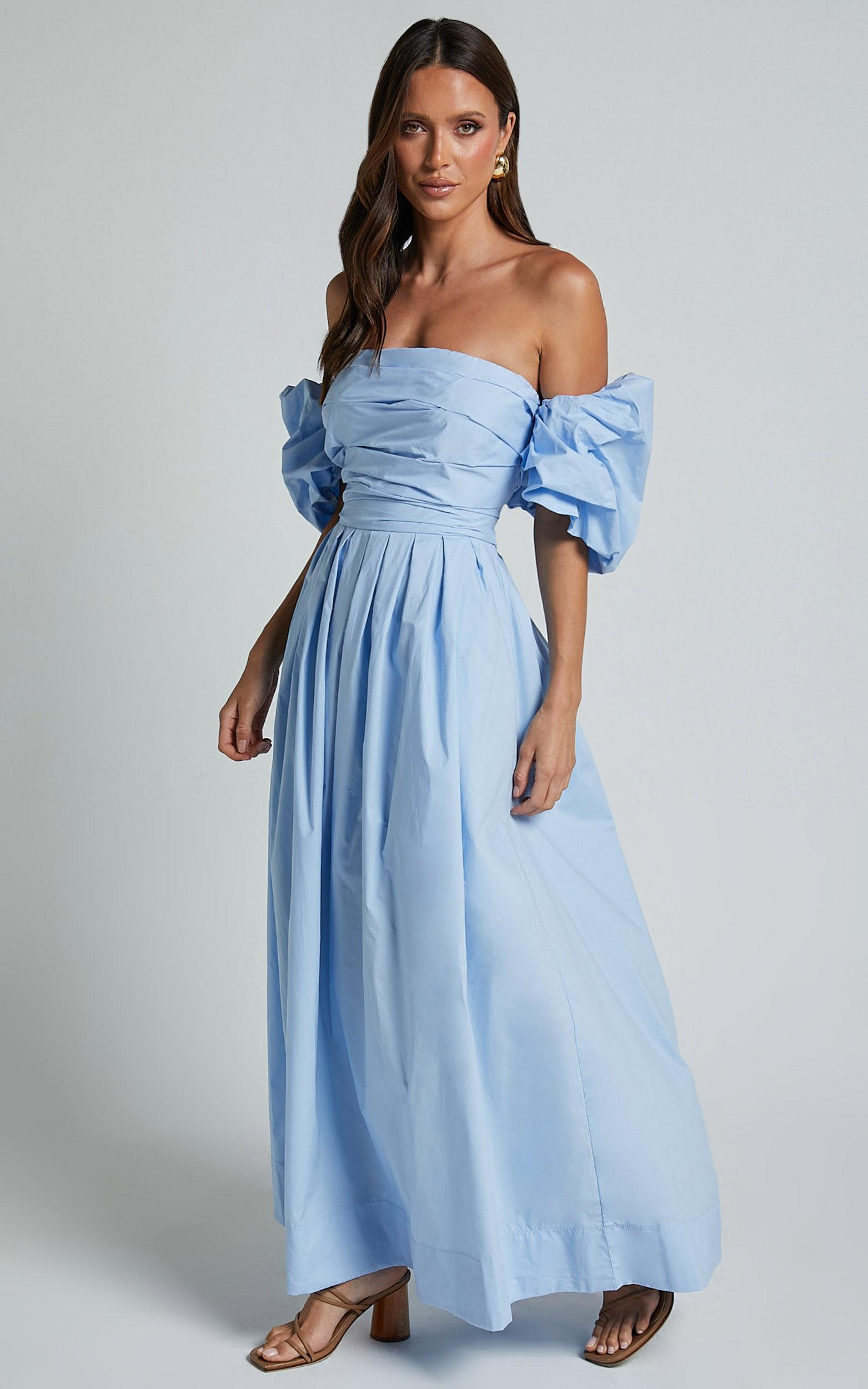 Annie Midi Dress - Off The Shoulder Ruffle Sleeve Pleated Dress in Pale Blue Product Image