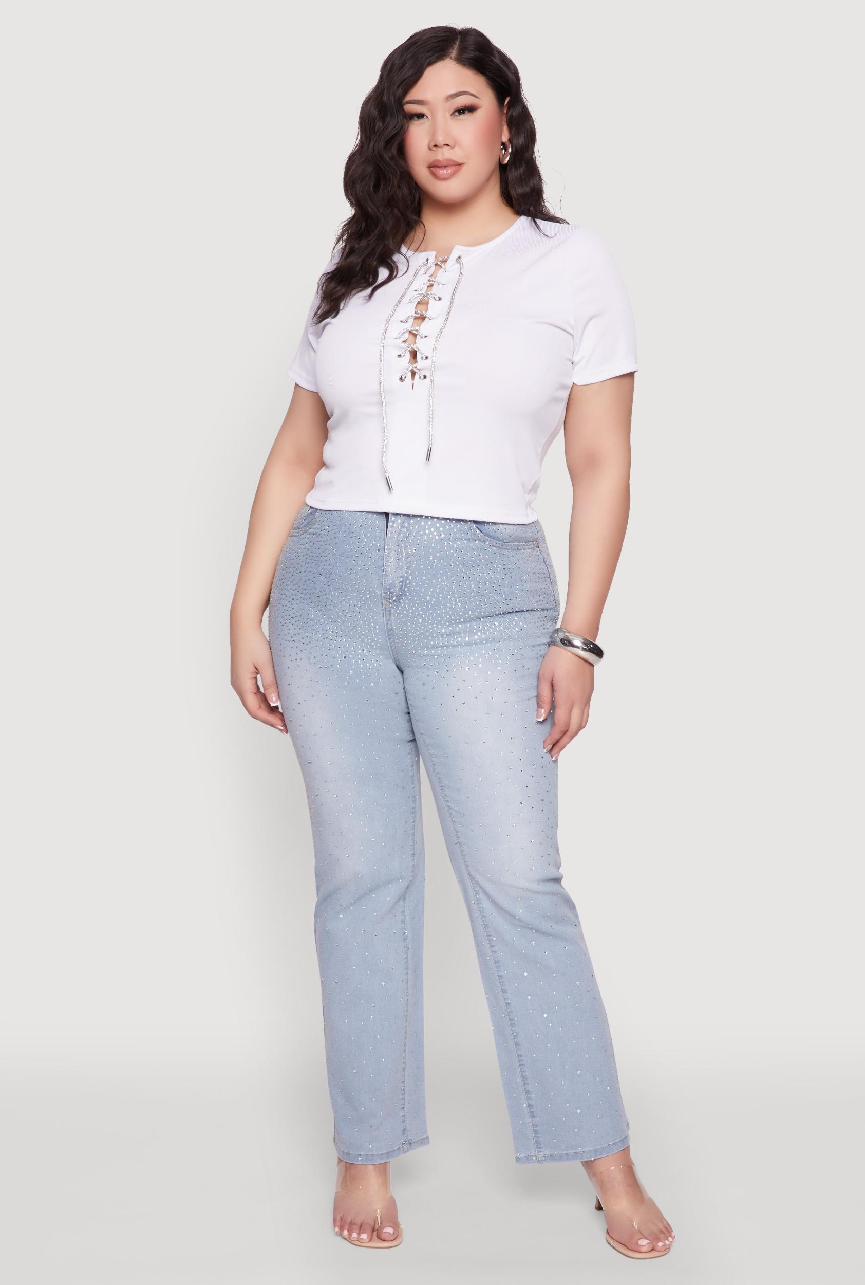 Womens Plus Size Rhinestone Lace Up Short Sleeve Top Product Image