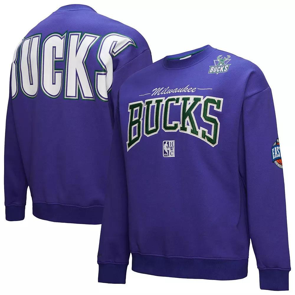 Men's Mitchell & Ness Purple Milwaukee Bucks Hardwood Classics There & Back 2.0 Vintage Pullover Sweatshirt, Size: XL Product Image