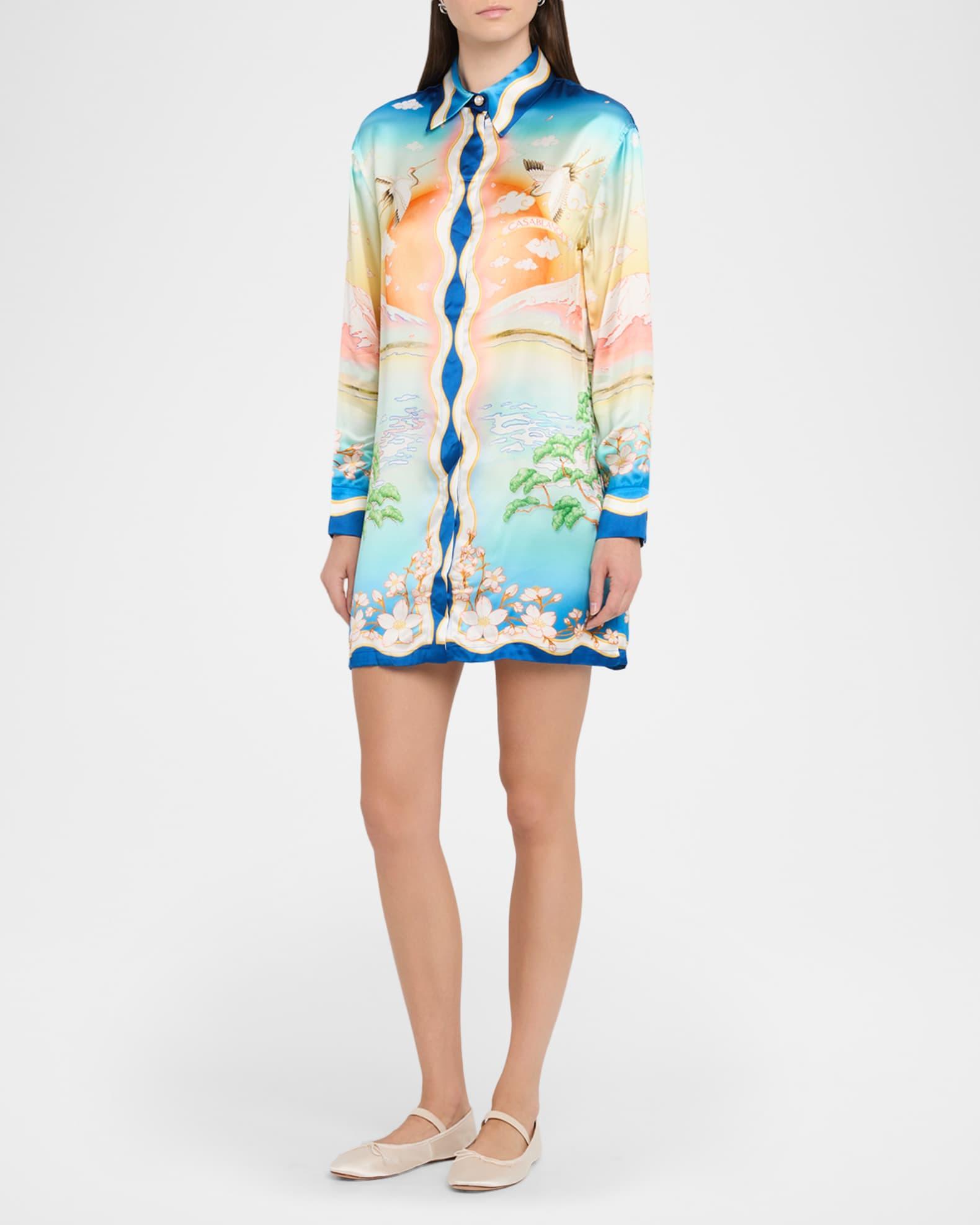 Printed Satin Long-Sleeve Mini Shirtdress Product Image