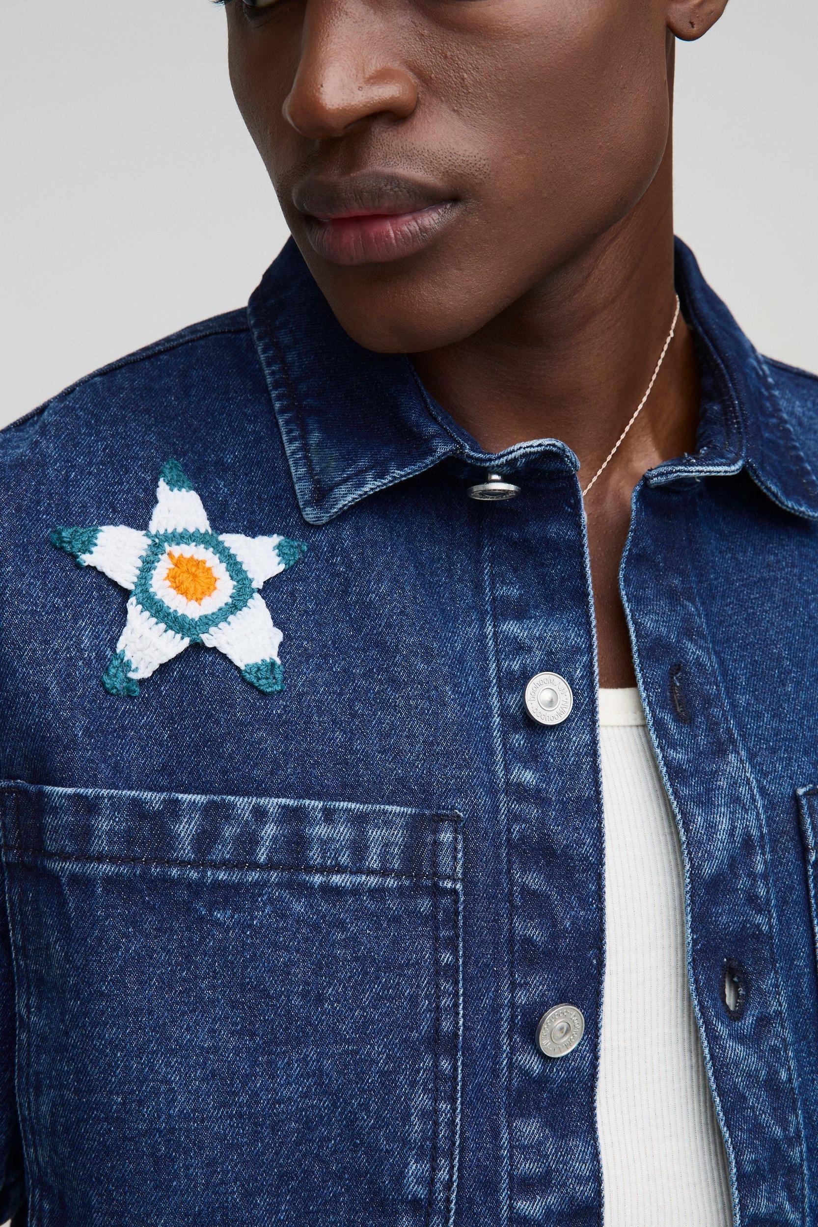 Boxy Revere Star Crochet Applique Denim Shirt | boohooMAN USA Product Image