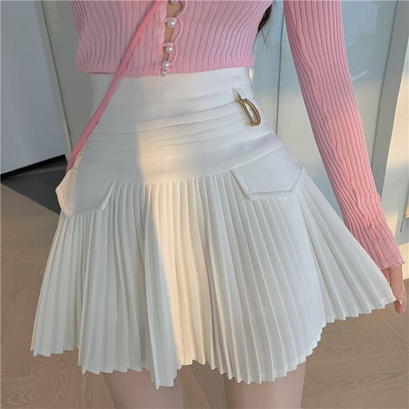 High Waist Lettering Accordion Pleat Mini A-Line Skirt Product Image