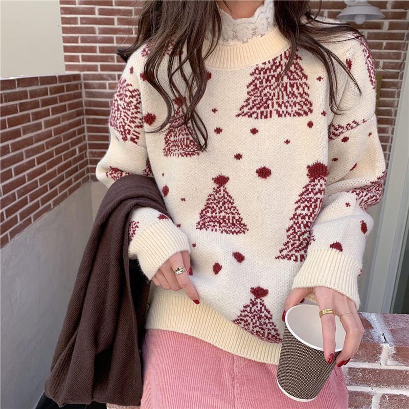 Long-Sleeve Round Neck Christmas Tree Print Sweater Product Image