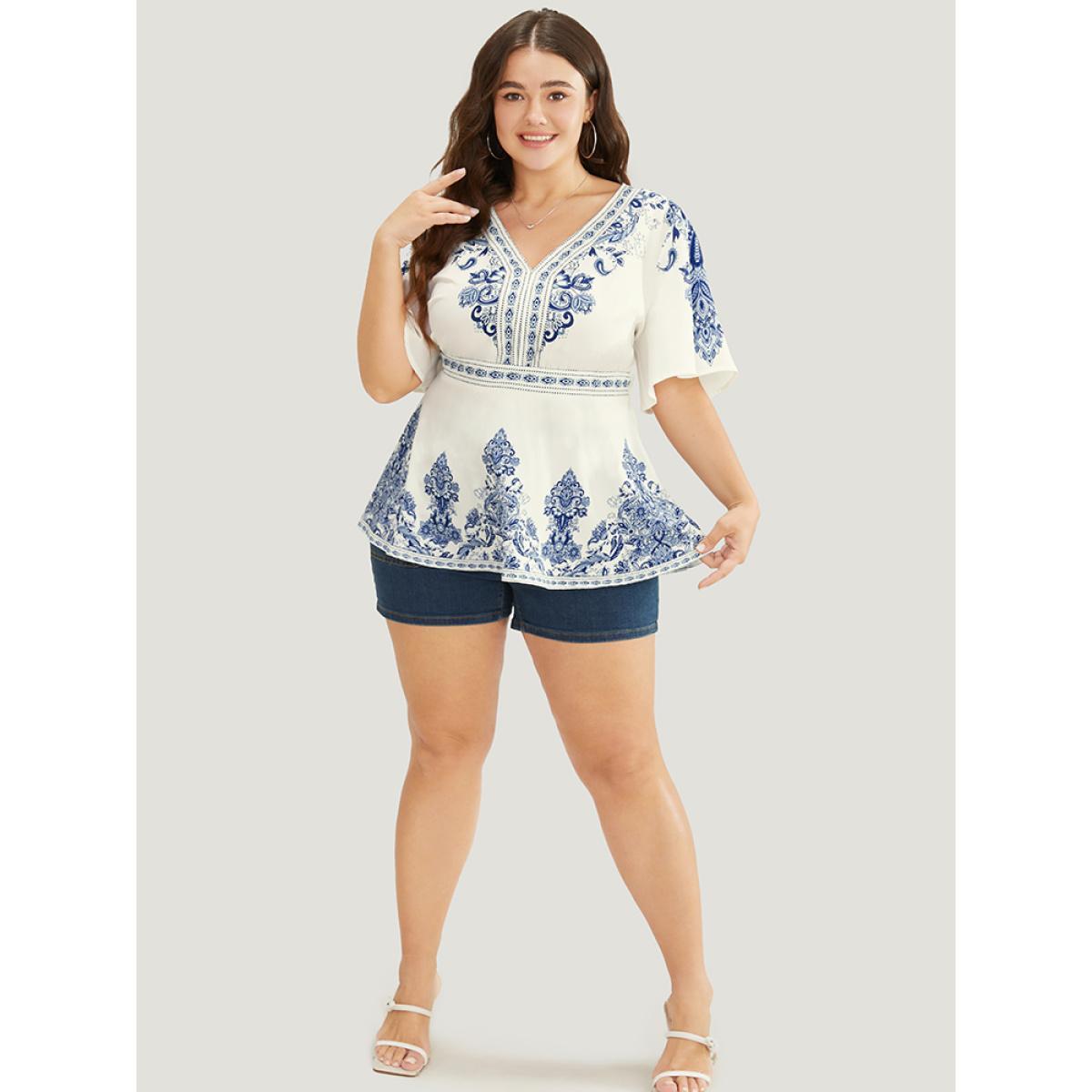 Plus Size Indigo Bandana Print Ruffles Elastic Waist Blouse Women Vacation Short sleeve V-neck Dailywear Blouses BloomChic 10/M Product Image