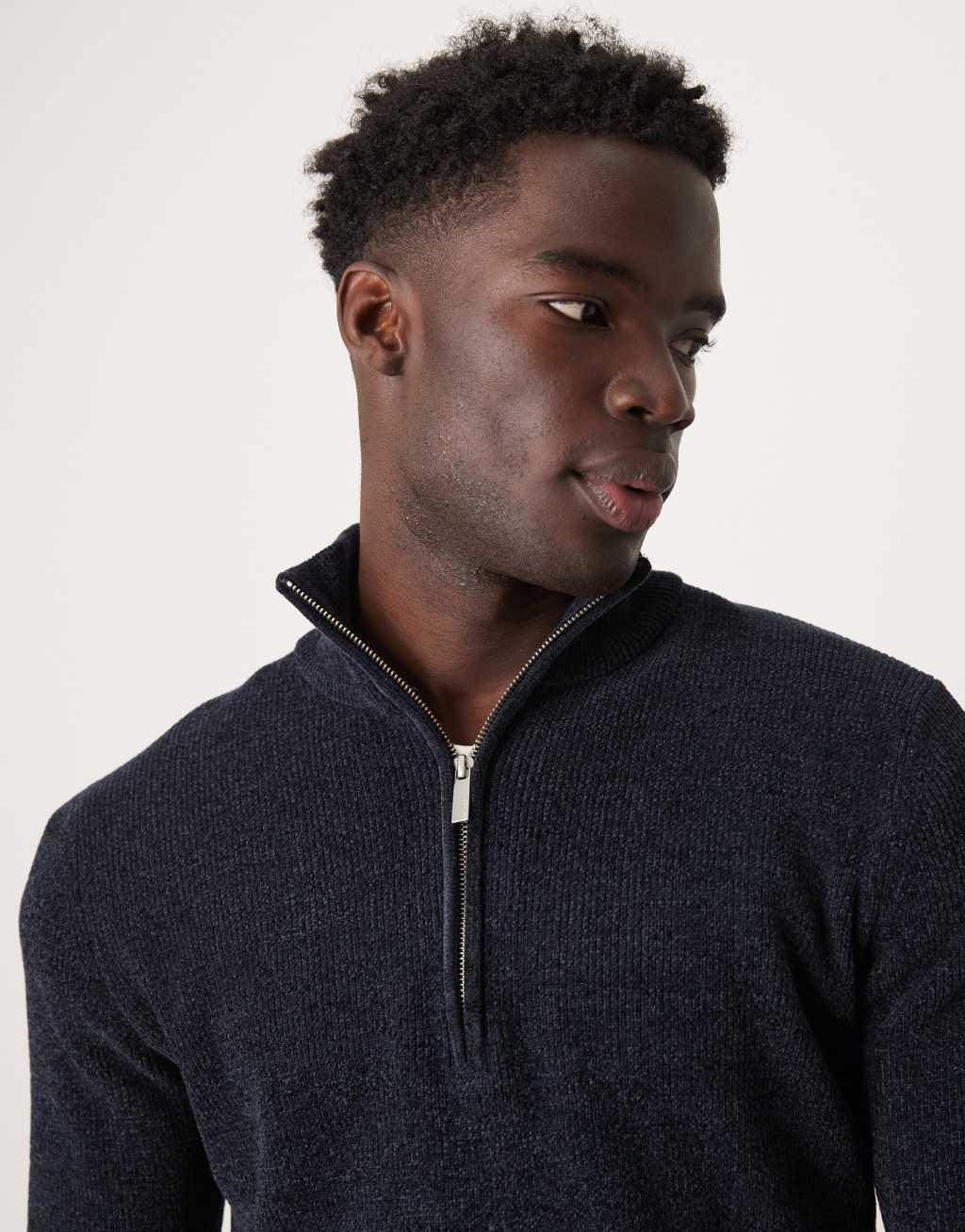 Selected Homme chenille half zip sweater in navy Product Image