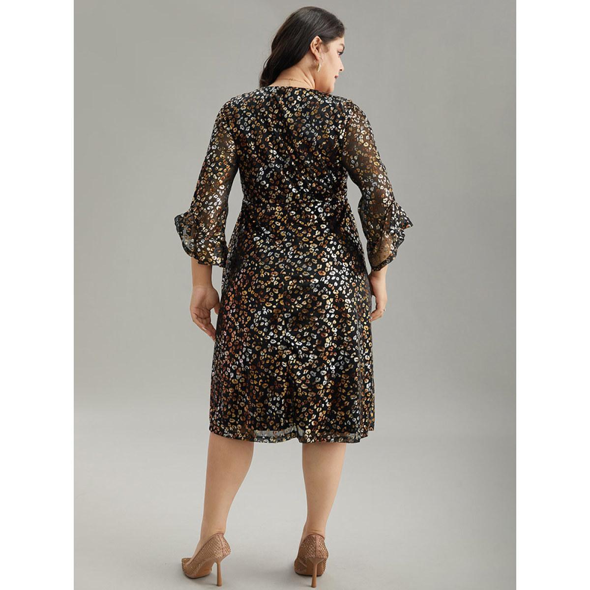 Plus Size Leopard Glitter Bell Sleeve Mesh Dress Black Women Party See through Round Neck Elbow-length sleeve Curvy Midi Dress BloomChic 26/4X Product Image