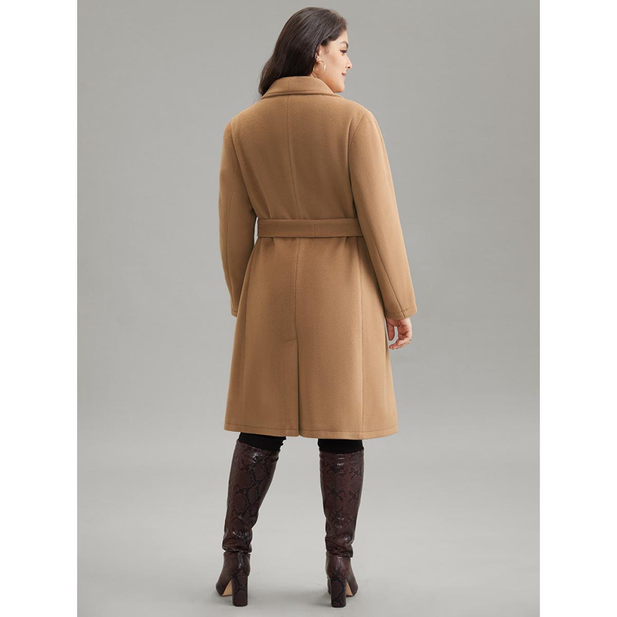 Plus Size Double Breasted Plain Belted Pocket Lapel Collar Coat Women Tan Casual Lined Ladies Dailywear Winter Coats BloomChic 22-24/3X Product Image
