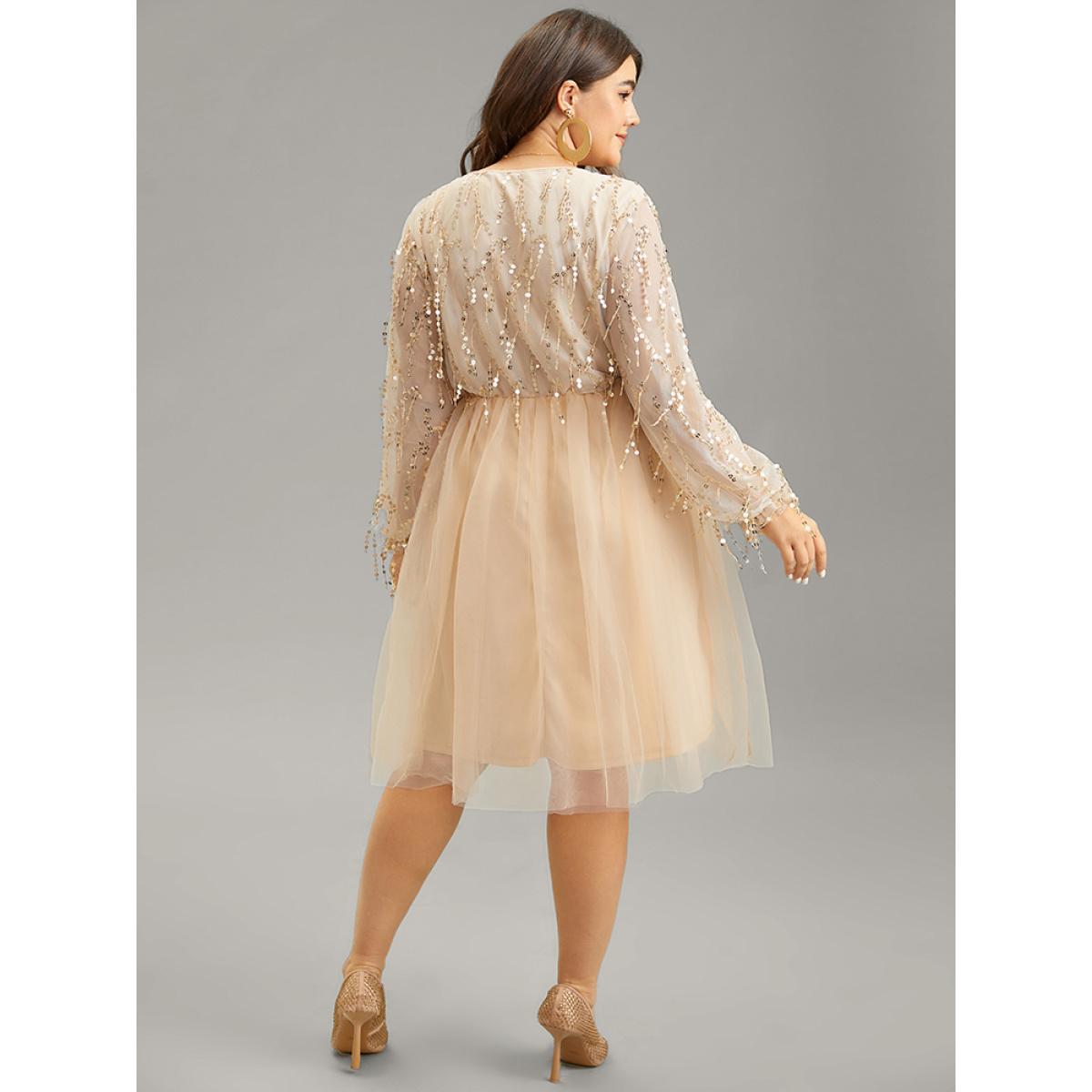 Plus Size Sequin Mesh Patchwork Tassel Dress Apricot Women Cocktail Gathered Overlap Collar Long Sleeve Curvy Knee Dress BloomChic 14-16/1X Product Image