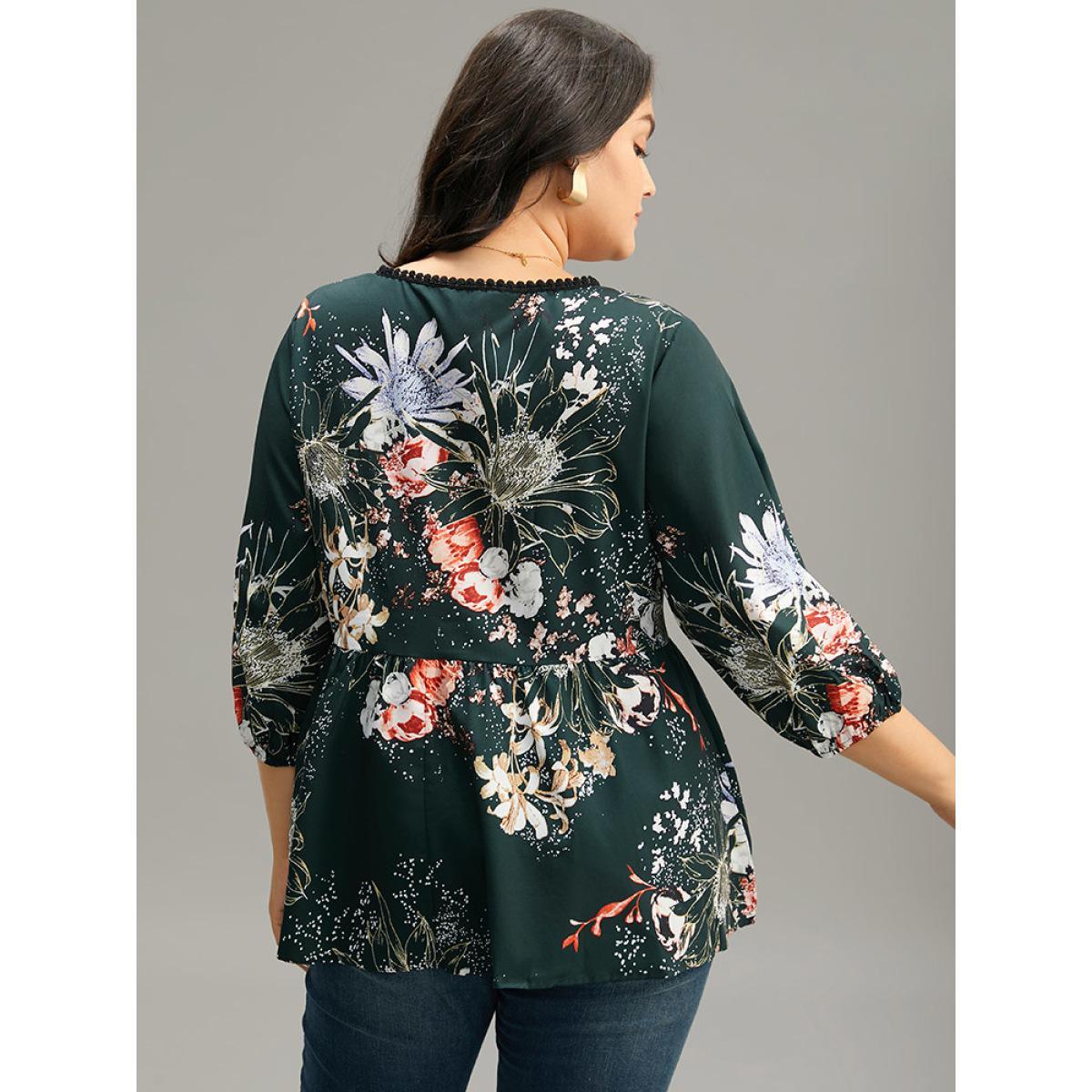 Plus Size DarkGreen Floral Print Knot Neck Pompom Trim Gathered Blouse Women Elegant Elbow-length sleeve Tie Neck Everyday Blouses BloomChic 18-20/2X Product Image