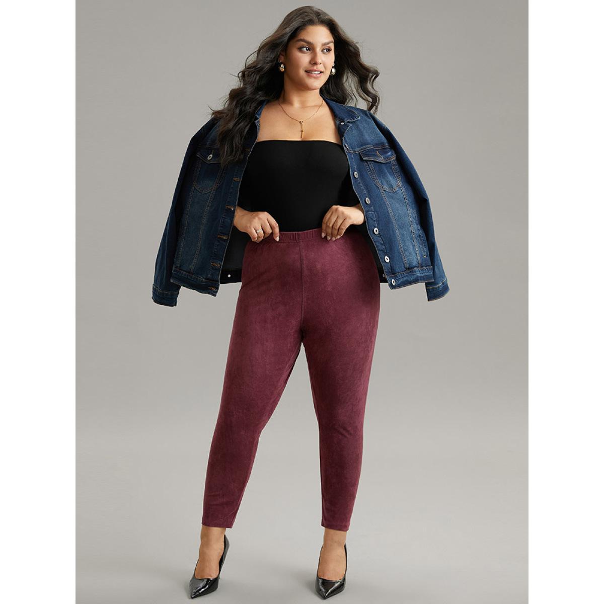 Plus Size Solid Elastic Waist Texture Very Stretchy Leggings Women Burgundy Elegant High stretch Skinny High Rise Dailywear Leggings BloomChic 30/6X Product Image