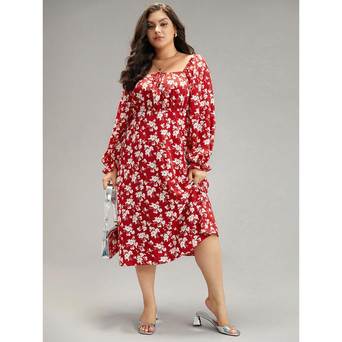 Plus Size Silhouette Floral Print Ties Lantern Sleeve Dress Crimson Women Elegant Gathered Square Neck Long Sleeve Curvy Midi Dress BloomChic 14-16/1X Product Image