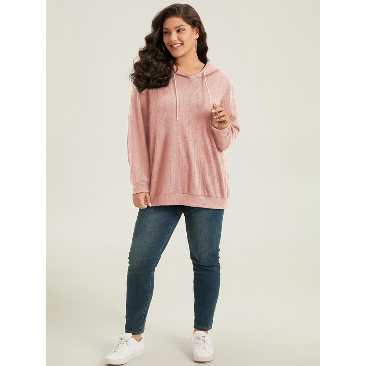 Plus Size Plain Textured Hooded Drawstring Sweatshirt Women Pink Casual Elastic cuffs Hooded Everyday Sweatshirts BloomChic 22-24/3X Product Image