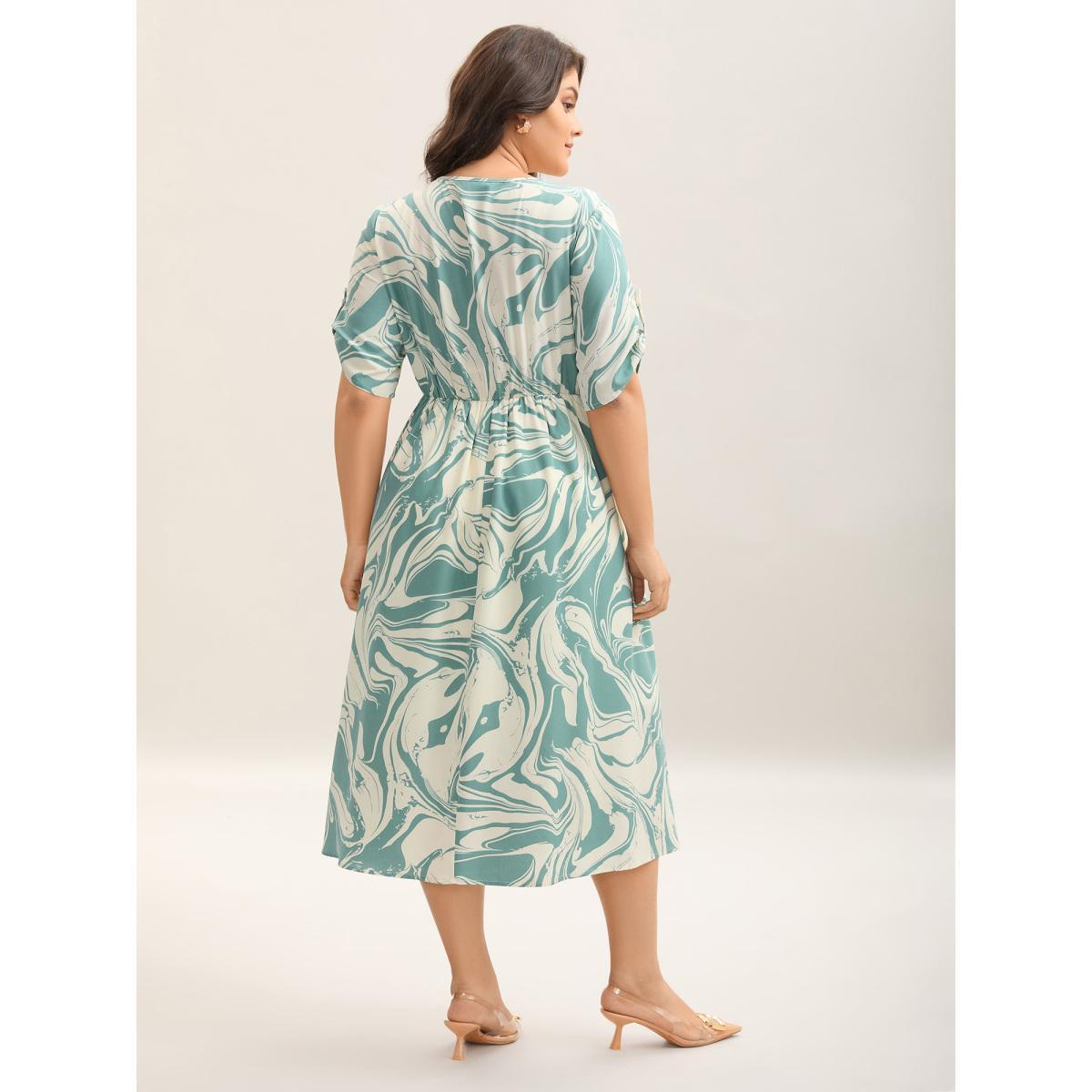 Plus Size Abstract Print Gathered Sleeve Midi Dress Mint Women Overlap Collar Short sleeve Curvy BloomChic 22-24/3X Product Image