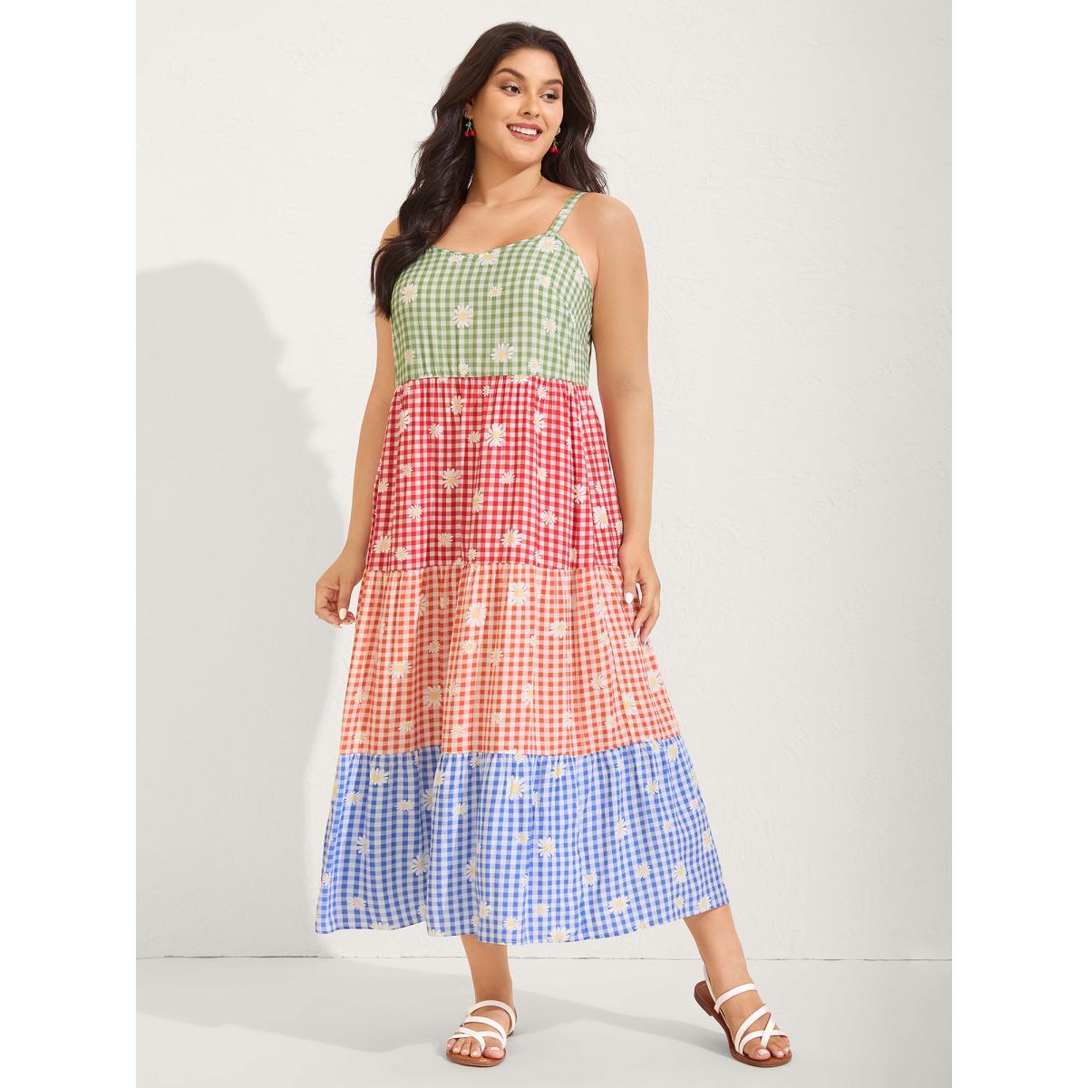 Plus Size Multicolor Daisy Print Tiered Cami Dress Multicolor Women V-neck Sleeveless Curvy BloomChic 14-16/1X Product Image