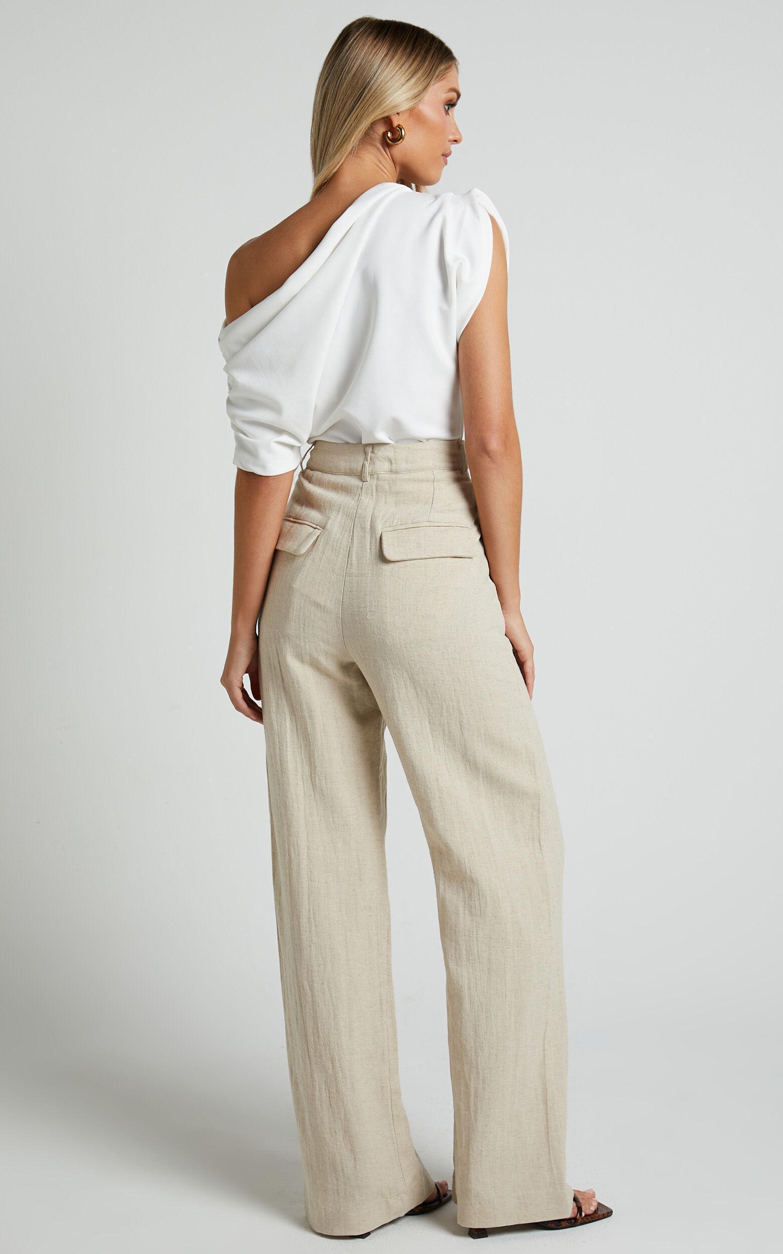 Larissa Trousers - Linen Mid Waisted Relaxed Straight Leg Trousers in Oatmeal Product Image