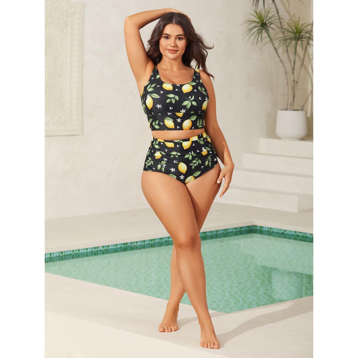 Plus Size Lemon Print Pleated Tight-Fit Swim Bottoms Women's Swimwear Black Beach Gathered High stretch Skinny High Rise Curve Swim Bottoms BloomChic 14-16/1X Product Image