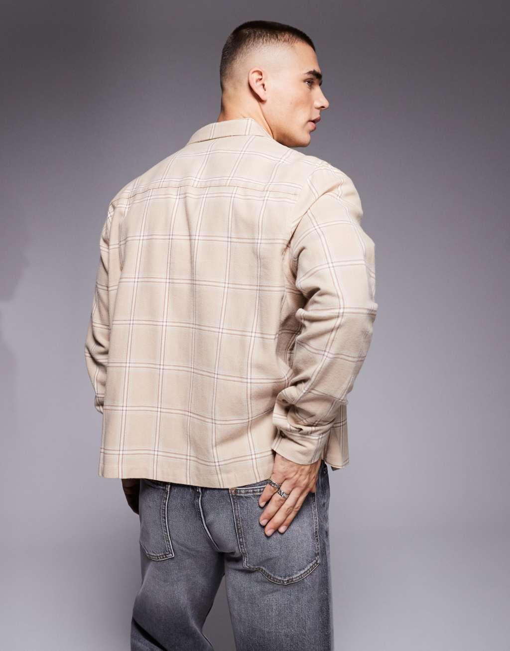 ASOS DESIGN boxy shirt in beige plaid Product Image