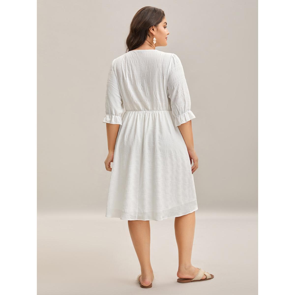 Plus Size Textured Lace Waist-Tie Midi Dress WhiteSmoke Women Tie knot Overlap Collar Elbow-length sleeve Curvy BloomChic 22-24/3X Product Image