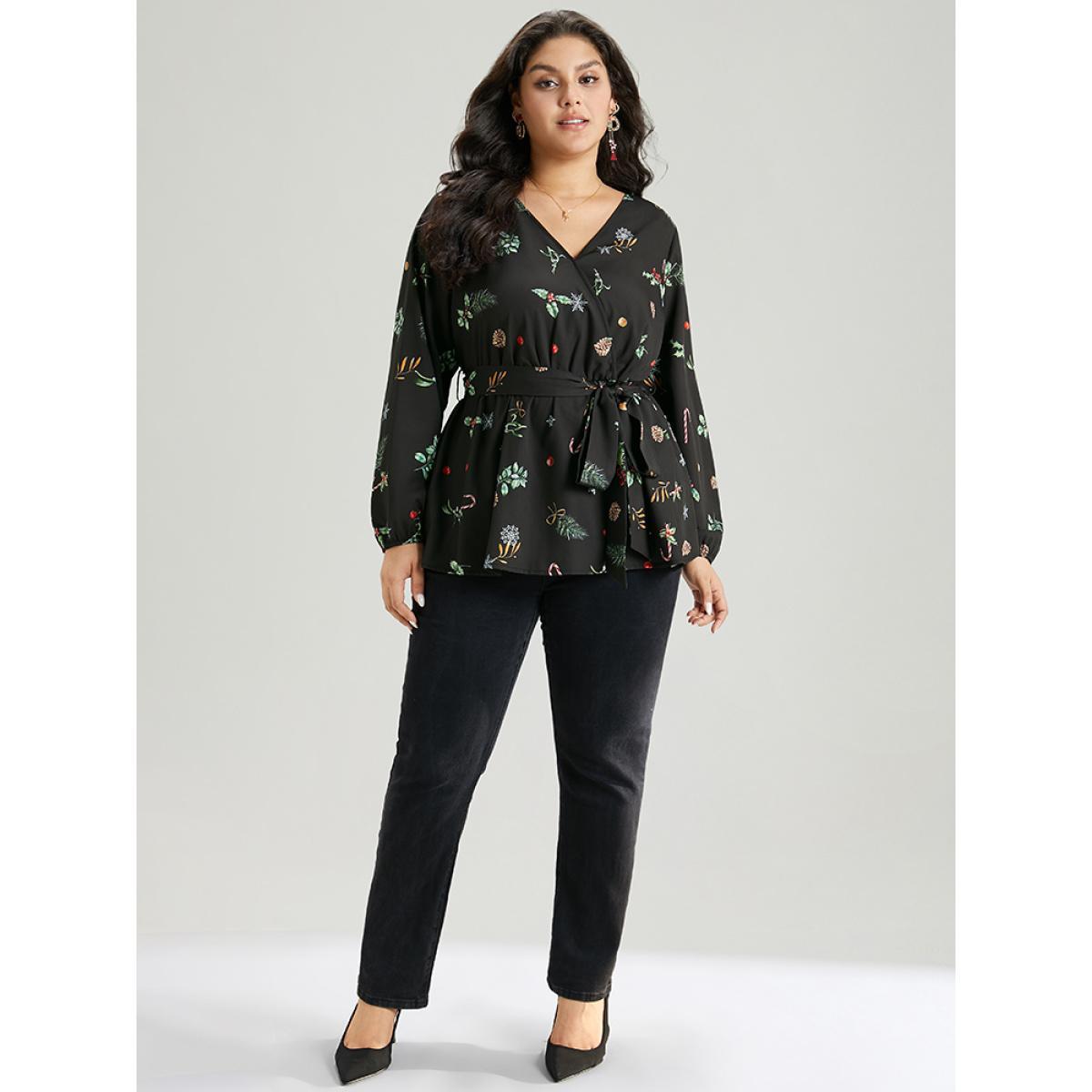 Plus Size Black Christmas Elastic Waist Belted Wrap Blouse Women Elegant Long Sleeve V-neck Festival-Christmas Blouses BloomChic 10/M Product Image