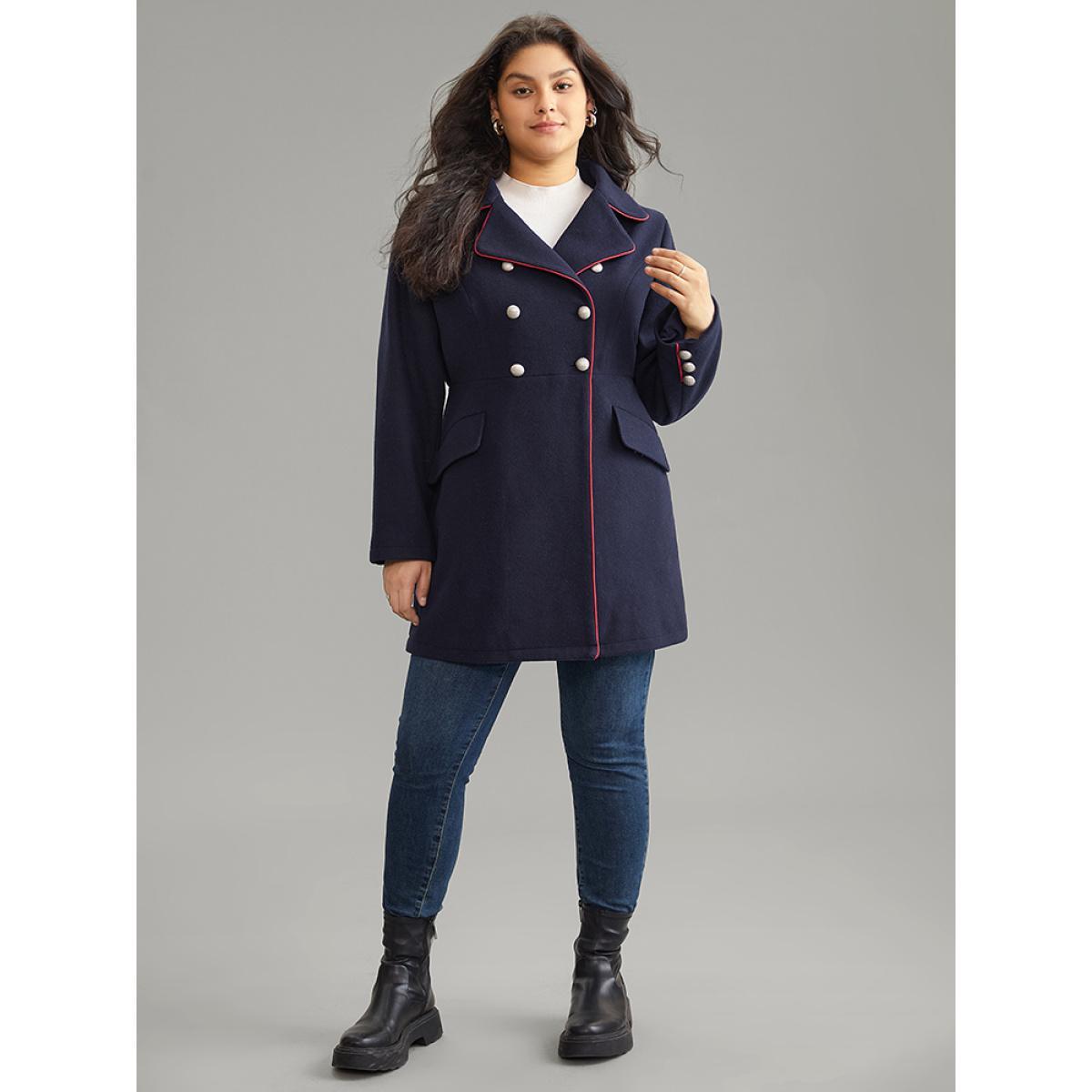 Plus Size Contrast Trim Buckle Detail Flap Pocket Lapel Collar Coat Women Indigo Casual Lined Ladies Dailywear Winter Coats BloomChic 12/L Product Image