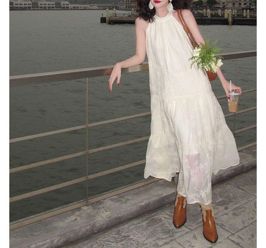 Halter-Neck Shirred Midi A-Line Lace Dress Product Image