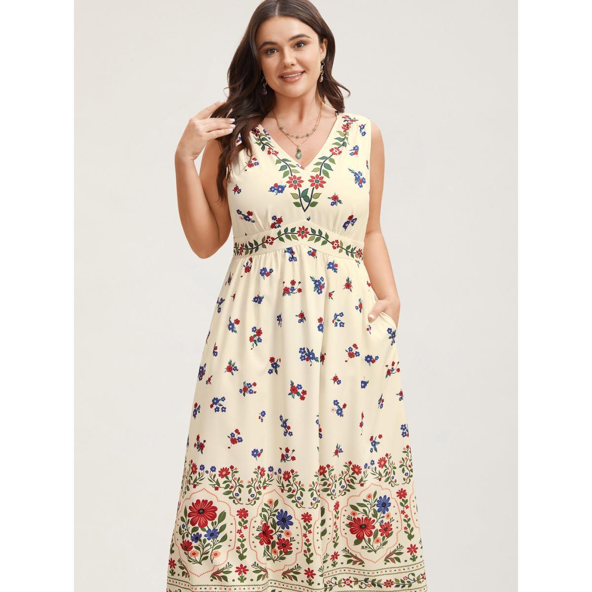 Plus Size Floral Print V-Neck Waist-Cinched Dress Ivory Women Resort Non V-neck Sleeveless Curvy BloomChic 26/4X Product Image