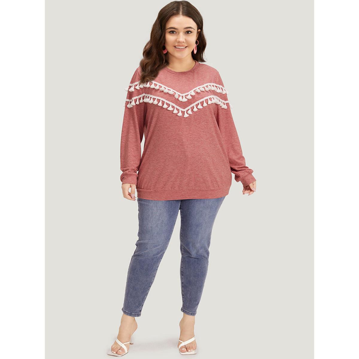 Plus Size plain Heather Crew Neck Tassel Trim Sweatshirt Women Russet Elegant Elastic cuffs Round Neck Dailywear Sweatshirts BloomChic 30/6X Product Image
