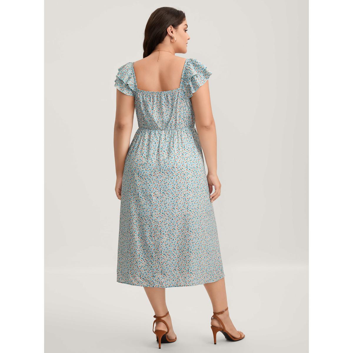 Plus Size Ditsy Floral Print Layered Ruffle Midi Dress Skyblue Women Slit Heart neckline Cap Sleeve Curvy BloomChic 22-24/3X Product Image