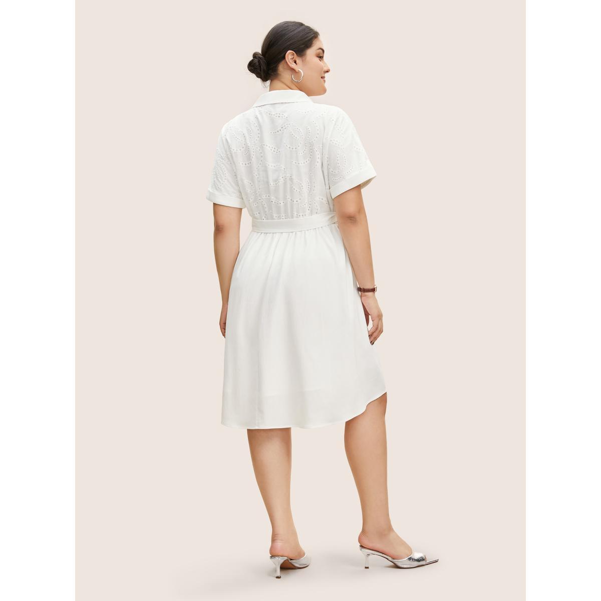 Plus Size Broderie Anglaise Shirt Collar Belted Dress Originalwhite Women Work From Home Belted Shirt collar Short sleeve Curvy BloomChic 14-16/1X Product Image