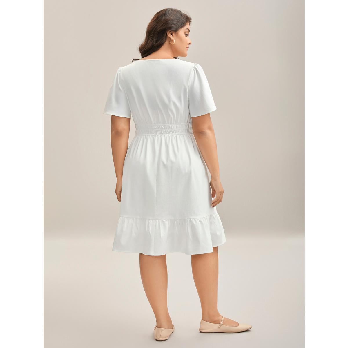 Plus Size Woven Shirred Waist Split Neck Midi Dress Originalwhite Women Flat collar with V-notch Short sleeve Curvy BloomChic 14-16/1X Product Image
