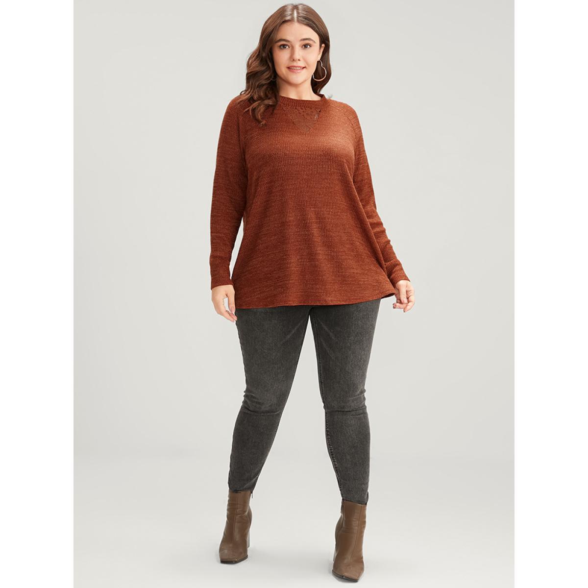 Plus Size Solid Contrast Lace Mock Neck Rib Knit Long Tee Russet Women Elegant Patchwork Plain Mock Neck Dailywear T-shirts BloomChic 14-16/1X Product Image