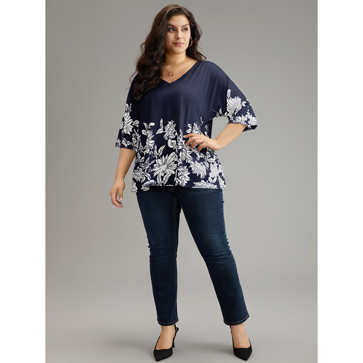 Plus Size Indigo Boho Print V Neck Cut Out Blouse Women Elegant Elbow-length sleeve V-neck Dailywear Blouses BloomChic 14-16/1X Product Image