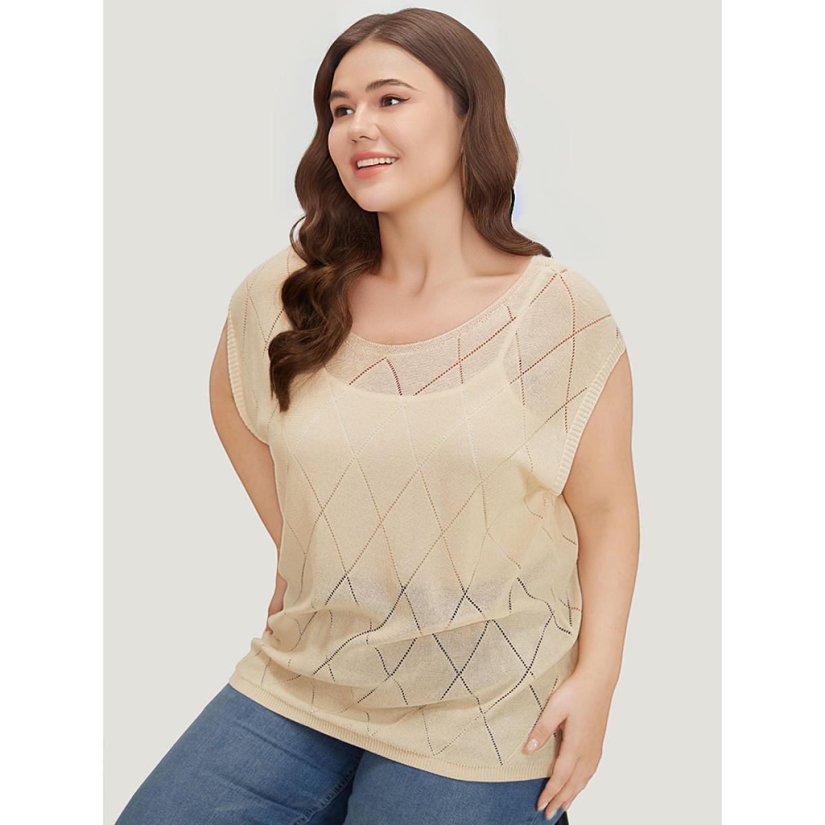 Plus Size Lightweight Argyle Eyelet Batwing Sleeve Pullover Apricot Women Casual Short sleeve Round Neck Everyday Pullovers BloomChic 10/M Product Image