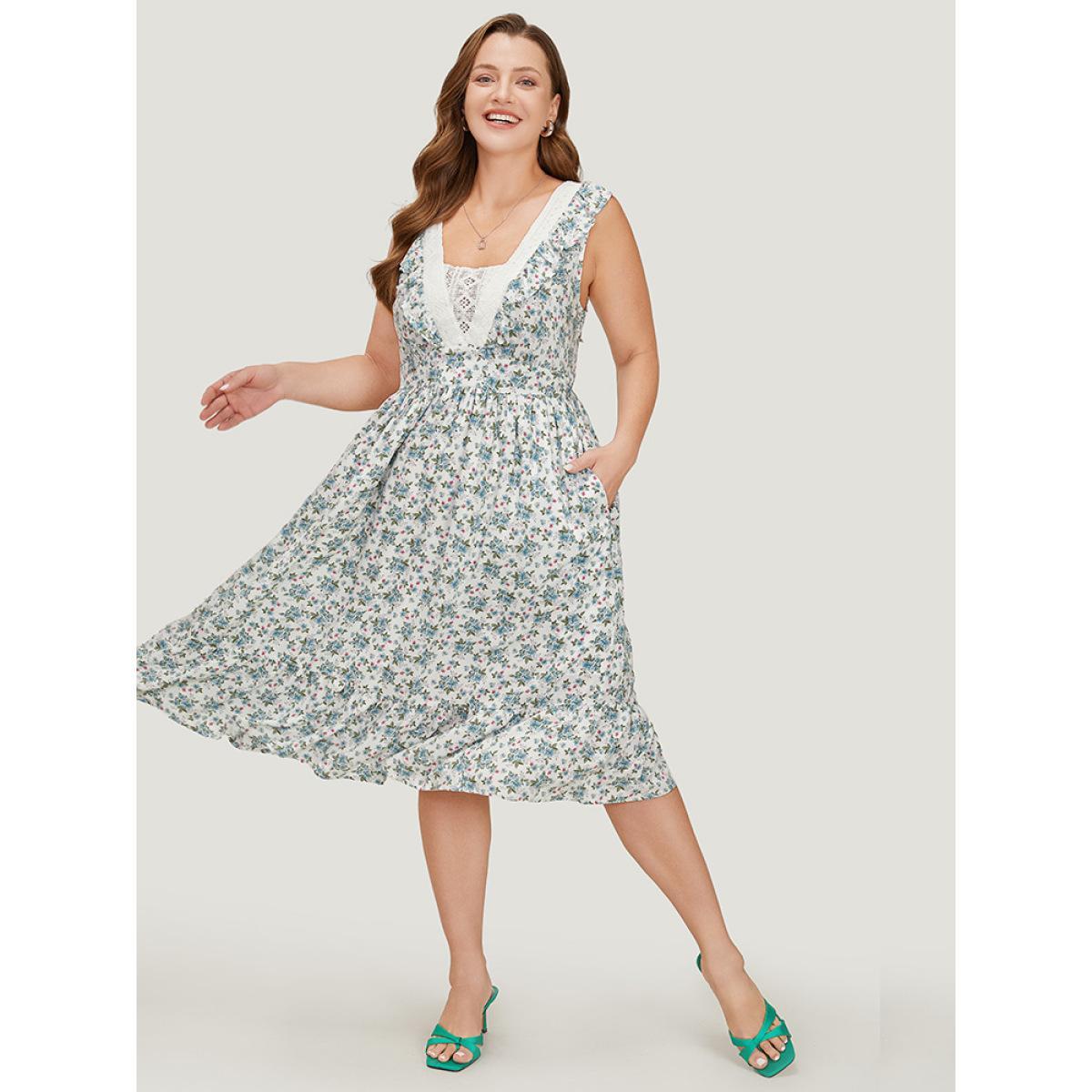 Plus Size Ditsy Floral Ruffles Pocket Empire Waist Crochet Lace Tank Dress WhiteSmoke Women Elegant Gathered V-neck Sleeveless Curvy Midi Dress BloomChic 26/4X Product Image