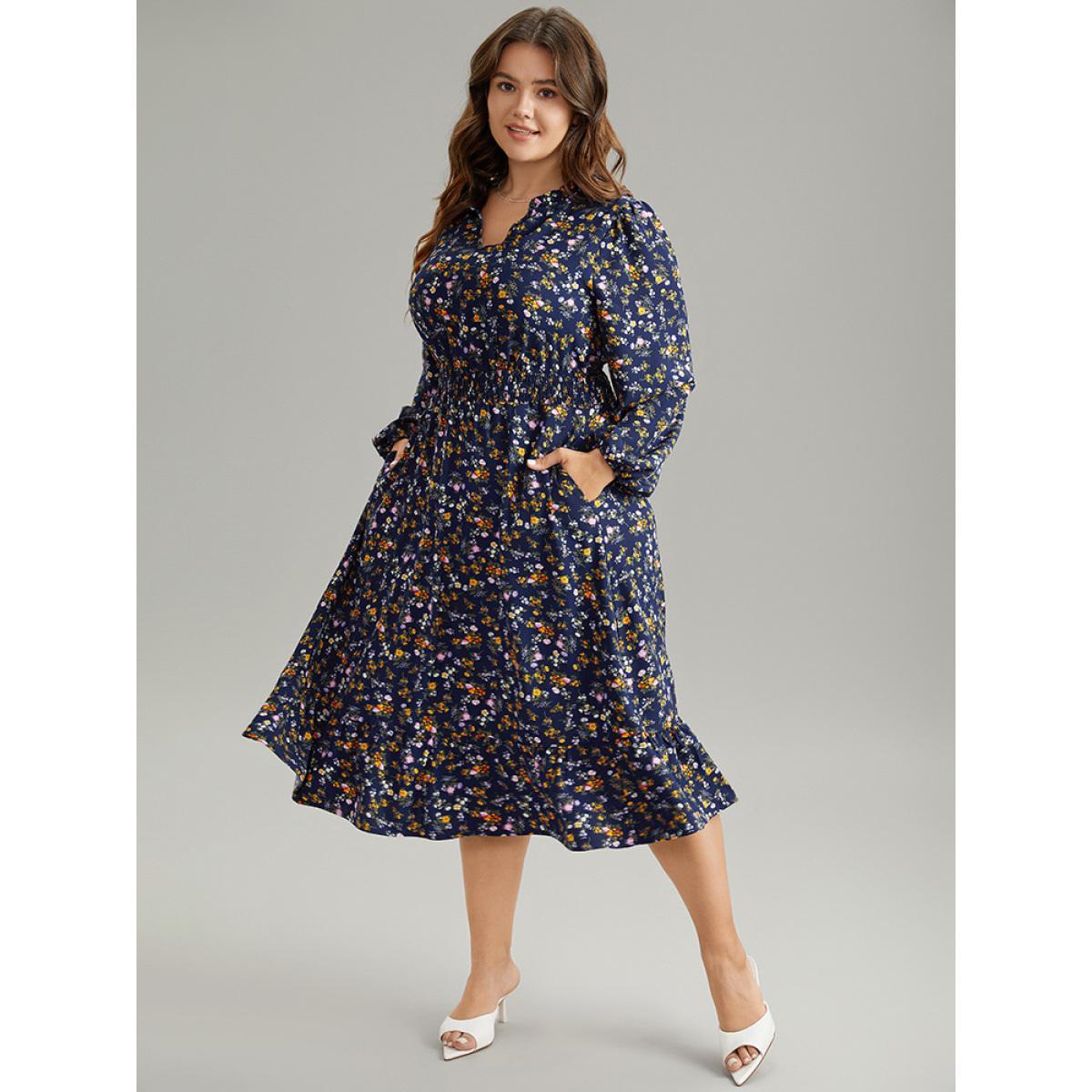 Plus Size Ditsy Floral Notched Shirred Pocket Elastic Waist Dress Navy Women Office Elastic cuffs Notched collar Long Sleeve Curvy Midi Dress BloomChic 30/6X Product Image