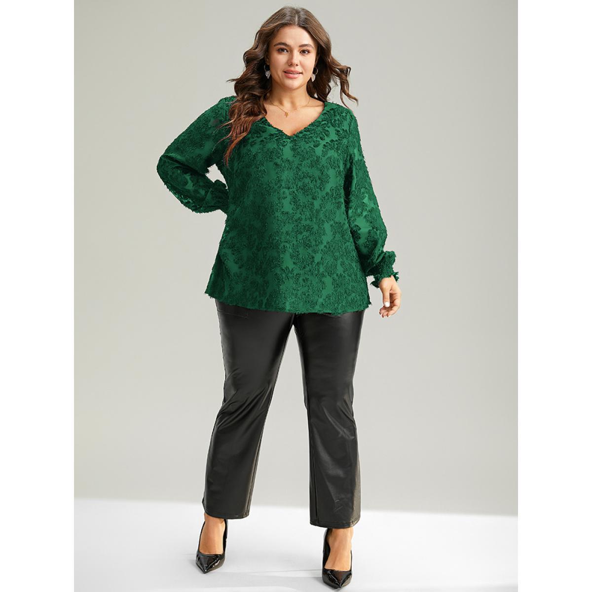 Plus Size DarkGreen Plain Appliques Mesh V Neck Shirred Blouse Women Glamour Long Sleeve V-neck Festival-Christmas Blouses BloomChic 28/5X Product Image