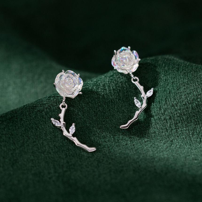 925 Sterling Silver Rhinestone Rose Drop Earring Product Image