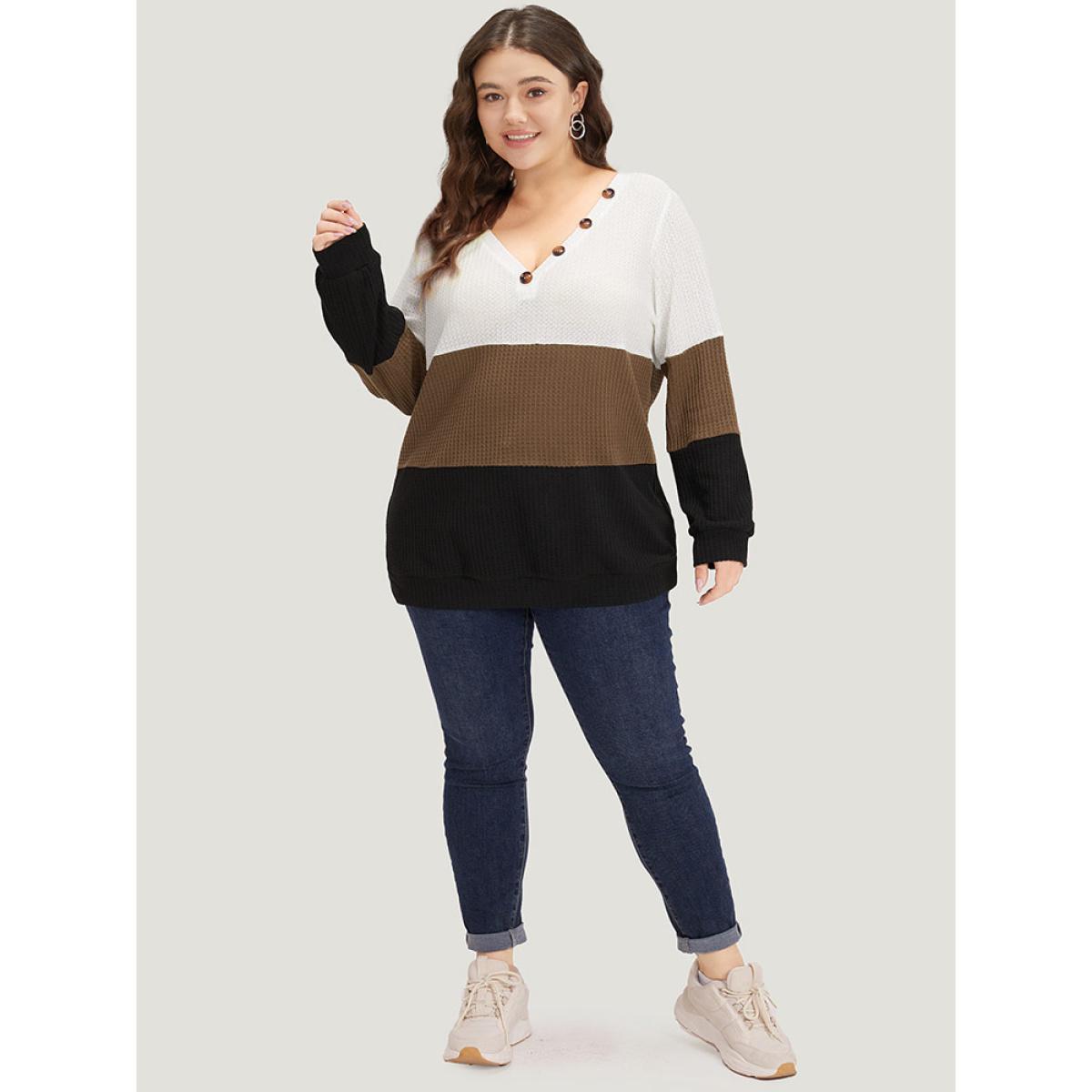 Plus Size Waffle Knit Patchwork Button Detail Contrast Sweatshirt Women Multicolor Casual Elastic cuffs V-neck Dailywear Sweatshirts BloomChic 12/L Product Image