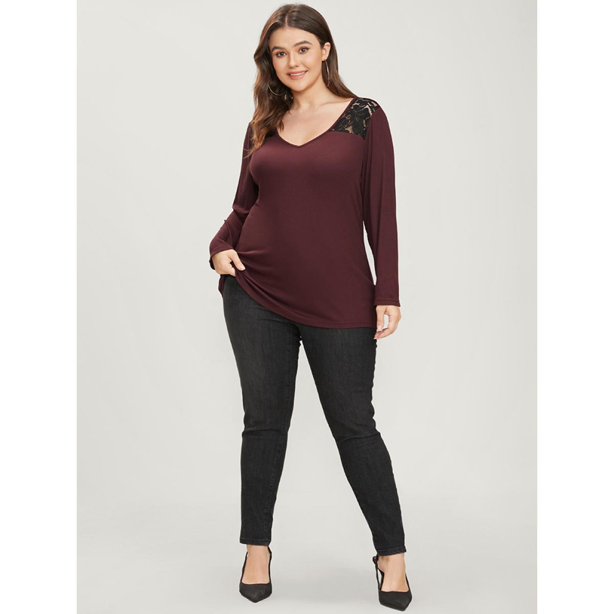 Plus Size Solid V Neck Contrast Lace Rib Knit Long Tee Scarlet Women Elegant Plain V-neck Dailywear T-shirts BloomChic 28/5X Product Image