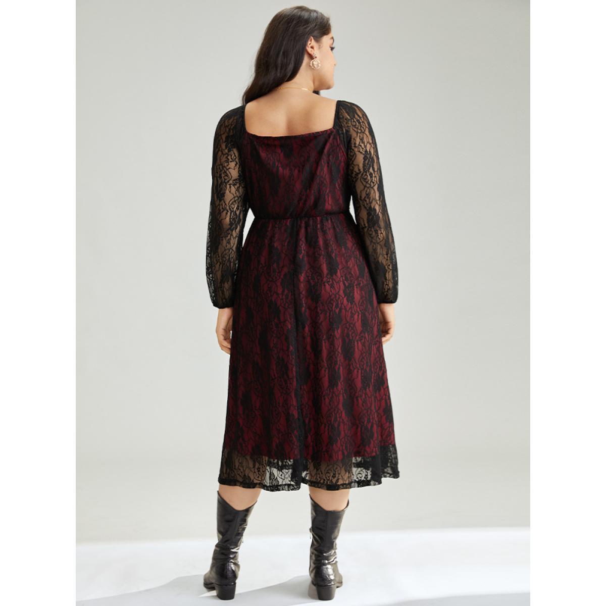 Plus Size Christmas Crochet Lace Mesh Contrast Square Neck Dress Raspberry Women Elegant Elastic cuffs Square Neck Long Sleeve Curvy Midi Dress BloomChic 18-20/2X Product Image